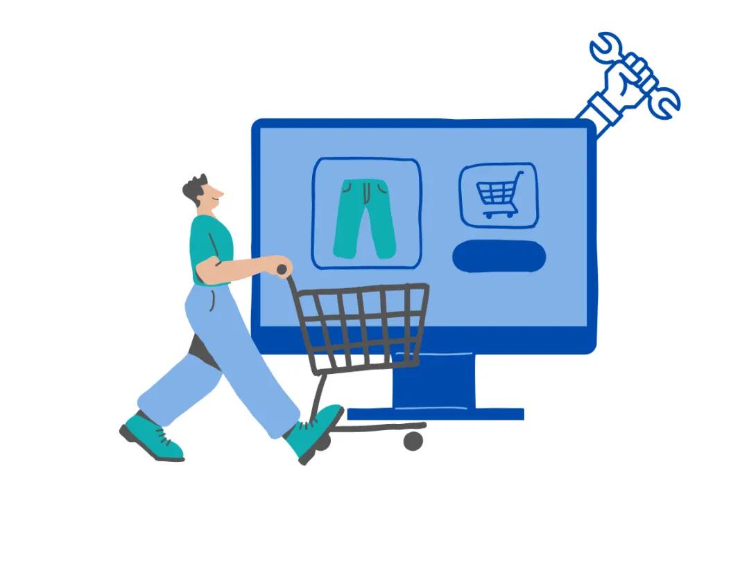 A person shopping online with a shopping cart