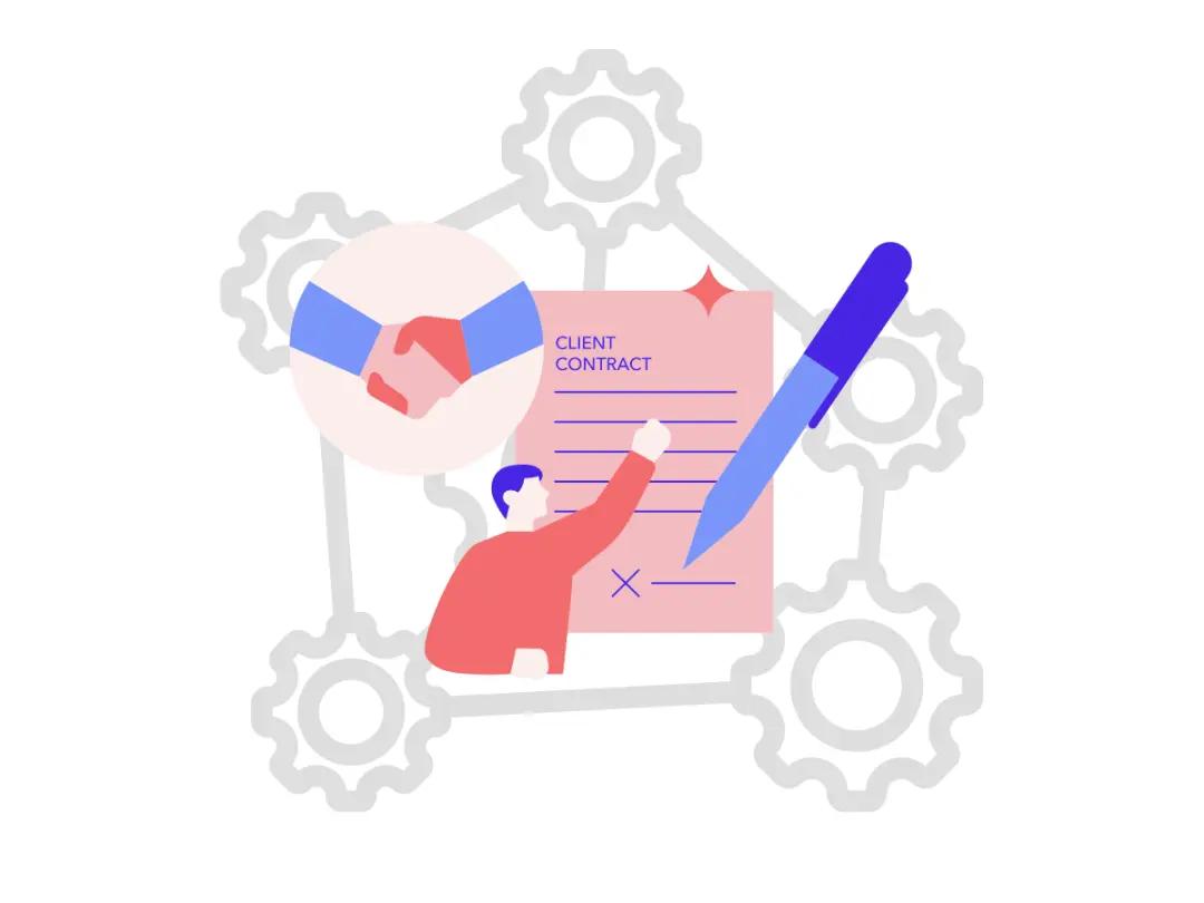 Contract management, a portrayed contract, with a pen beside it.